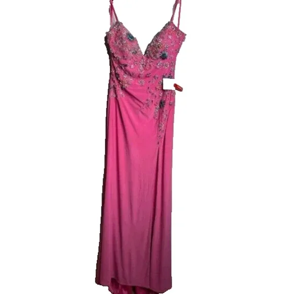 Mac Duggal 42006 Pink Jersey Maxi Gown‎ Stretch Floral Crystal Embellished - Picture 3 of 5